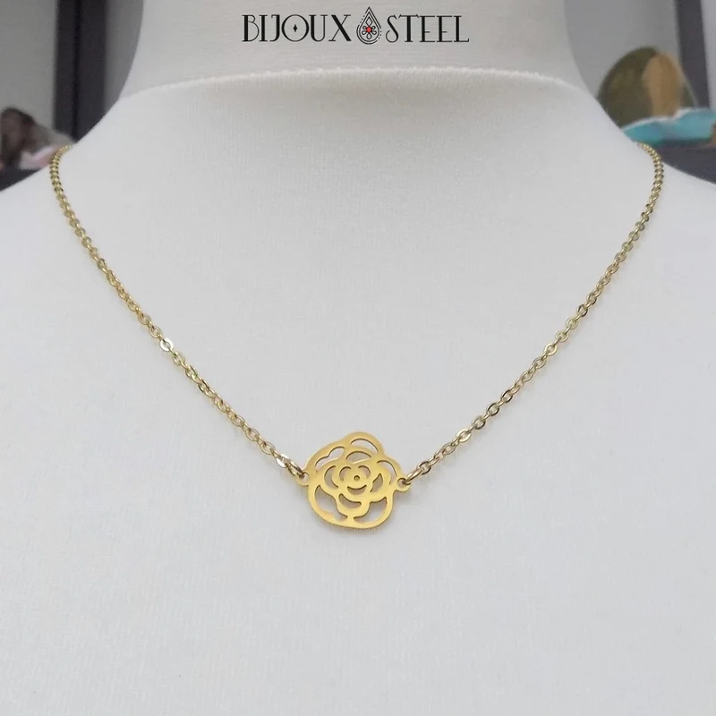 Collier fleur rose en acier inoxydable