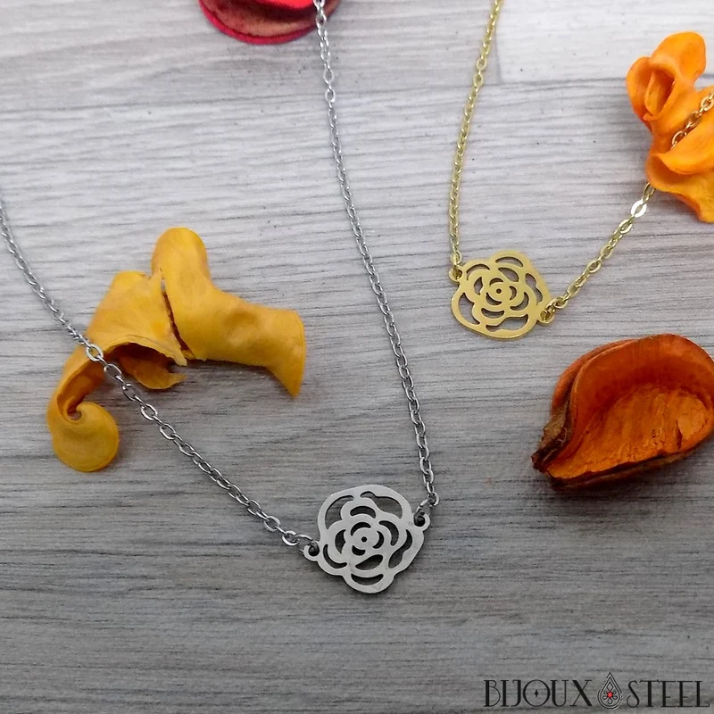 Collier fleur rose en acier inoxydable