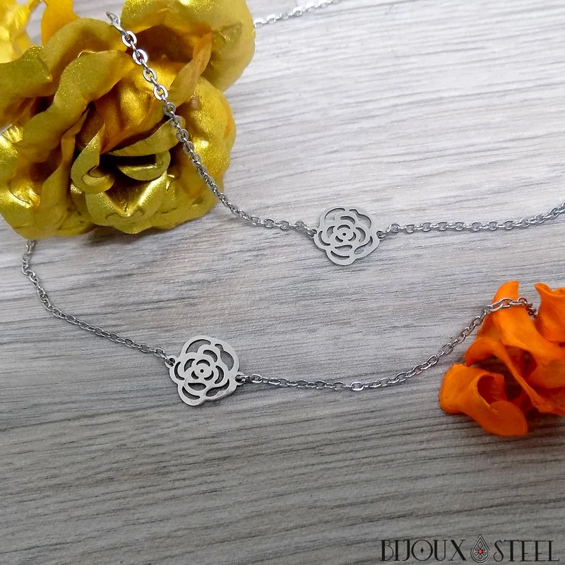 Collier fleur rose en acier inoxydable