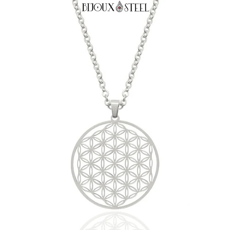 Collier à pendentif fleur de vie en acier inoxydable