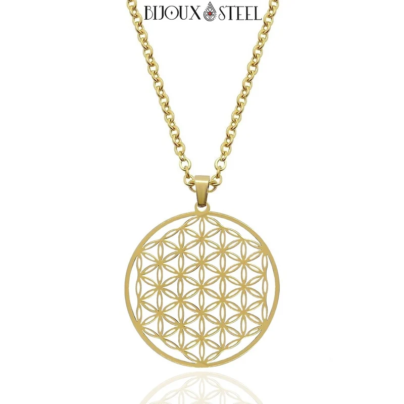 Collier à pendentif fleur de vie en acier inoxydable
