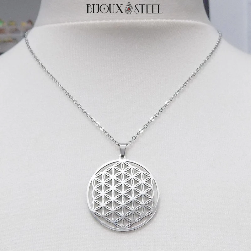 Collier à pendentif fleur de vie en acier inoxydable