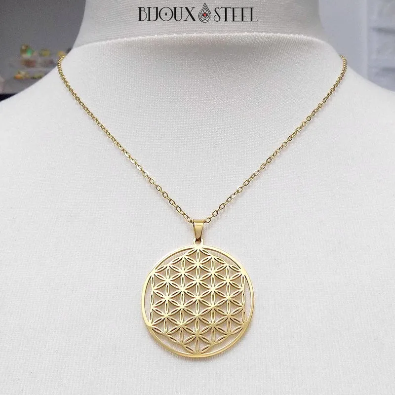 Collier à pendentif fleur de vie en acier inoxydable