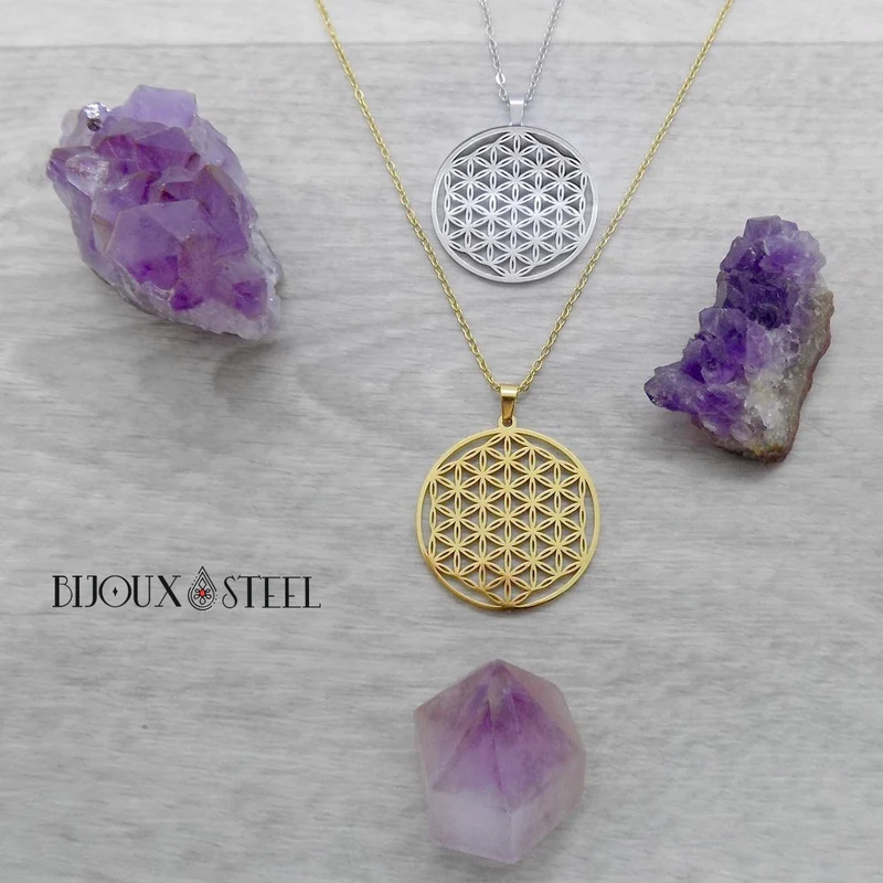 Collier à pendentif fleur de vie en acier inoxydable