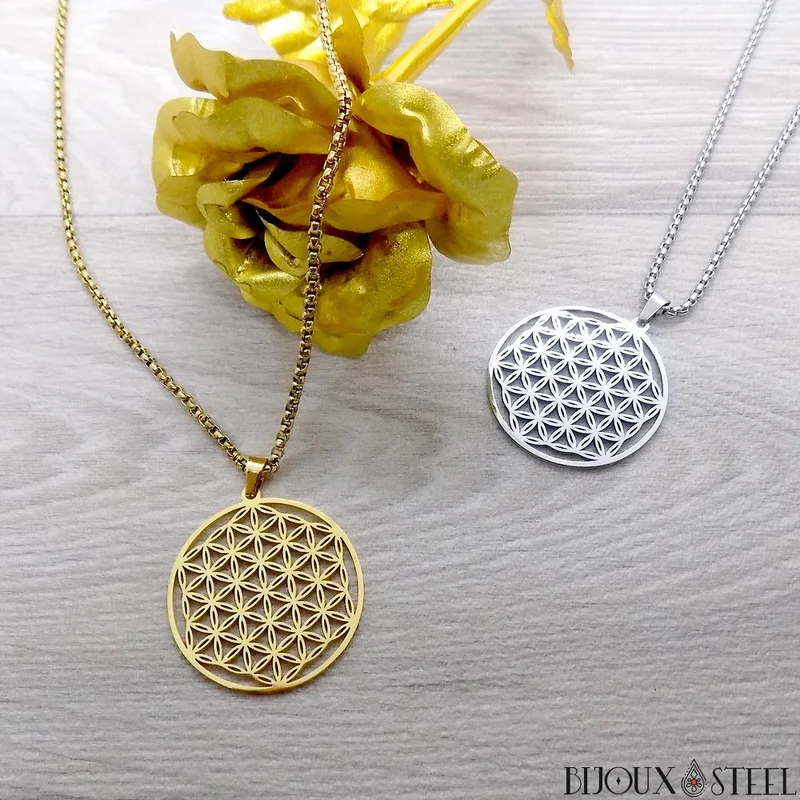 Collier à pendentif fleur de vie en acier inoxydable
