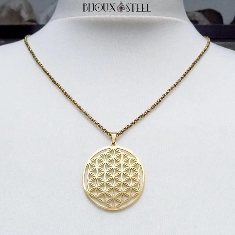 Collier à pendentif fleur de vie en acier inoxydable