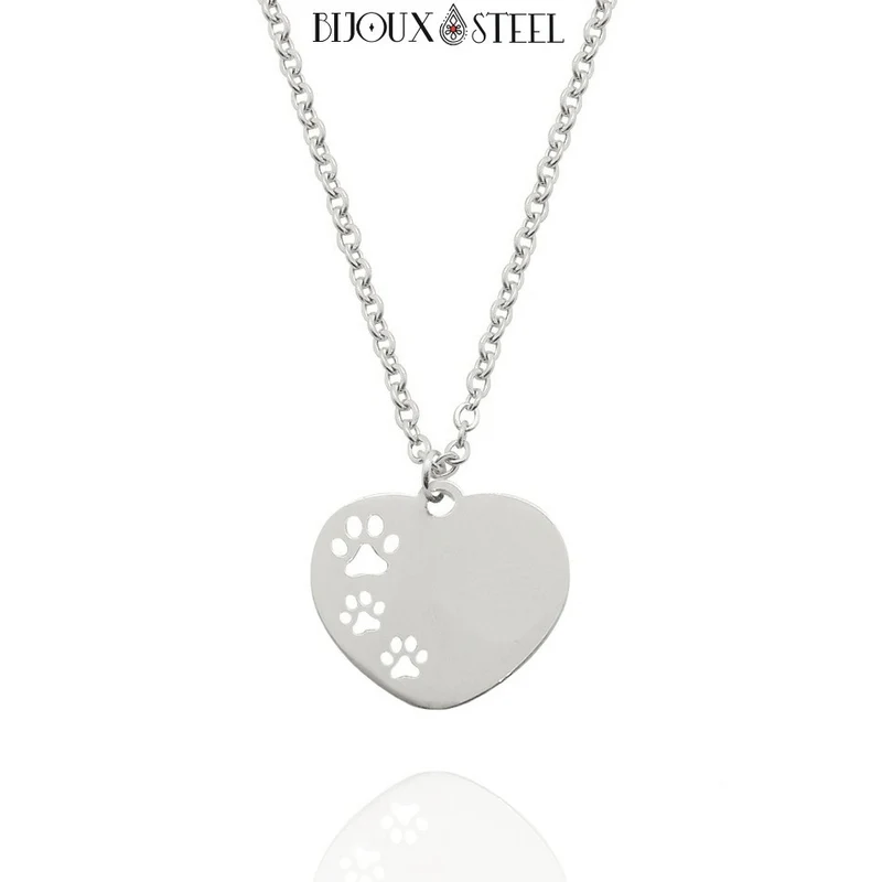 Collier à pendentif coeur et pattes de chien en acier inoxydable