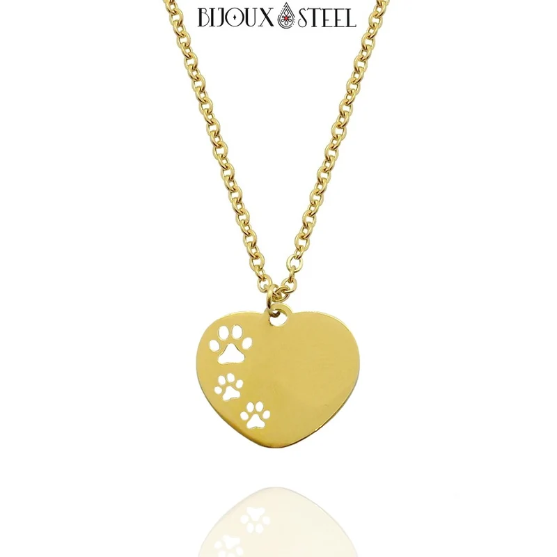 Collier à pendentif coeur et pattes de chien en acier inoxydable