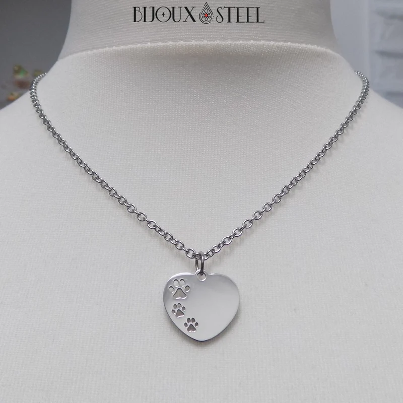 Collier à pendentif coeur et pattes de chien en acier inoxydable