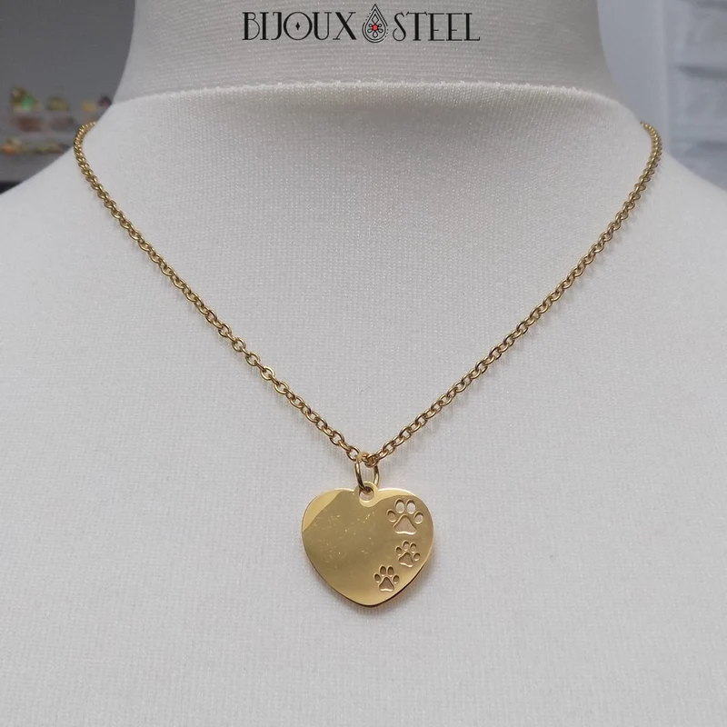 Collier à pendentif coeur et pattes de chien en acier inoxydable