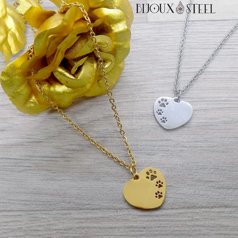 Collier à pendentif coeur et pattes de chien en acier inoxydable