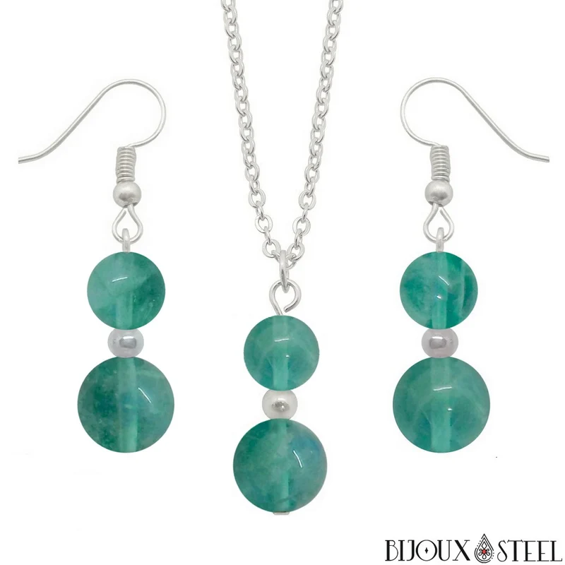 Parure fluorite bleue en pierre naturelle et acier inoxydable