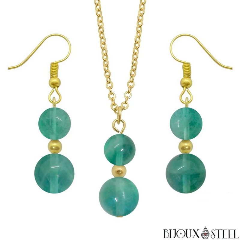 Parure fluorite bleue en pierre naturelle et acier inoxydable