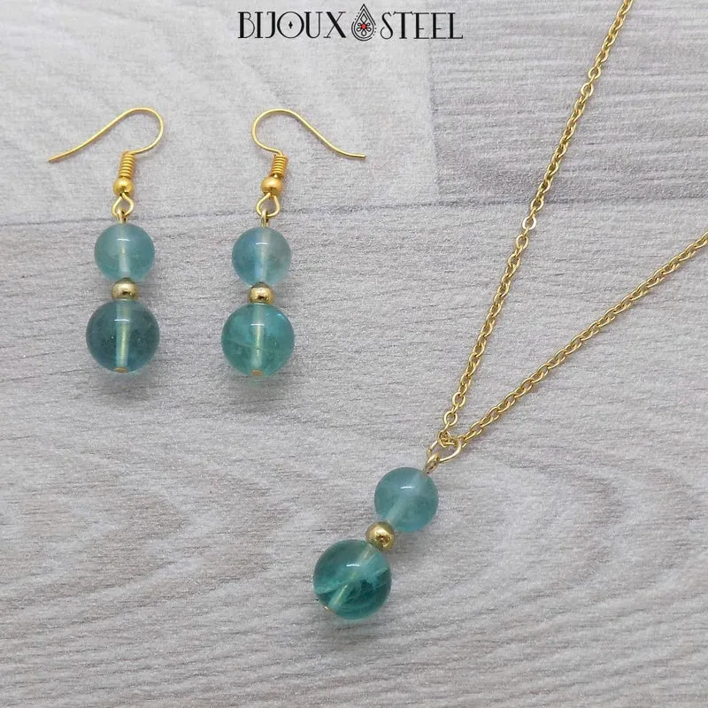 Parure fluorite bleue en pierre naturelle et acier inoxydable