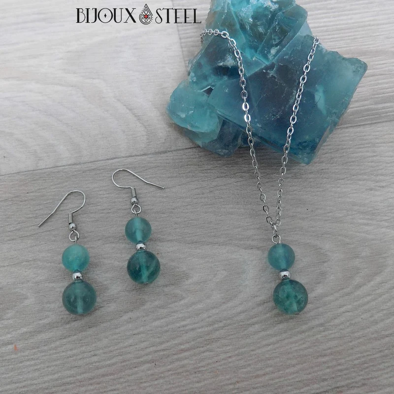 Parure fluorite bleue en pierre naturelle et acier inoxydable