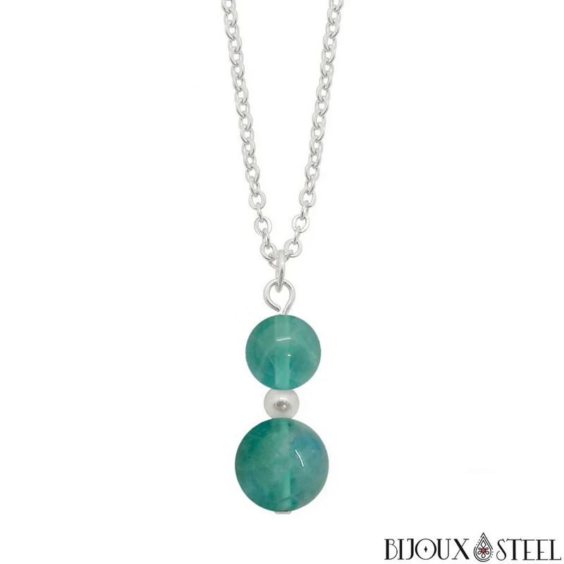 Collier à pendentif deux perles en pierre de fluorite bleue