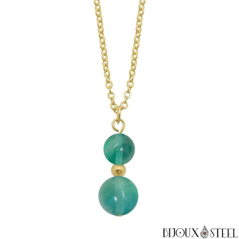 Collier à pendentif deux perles en pierre de fluorite bleue