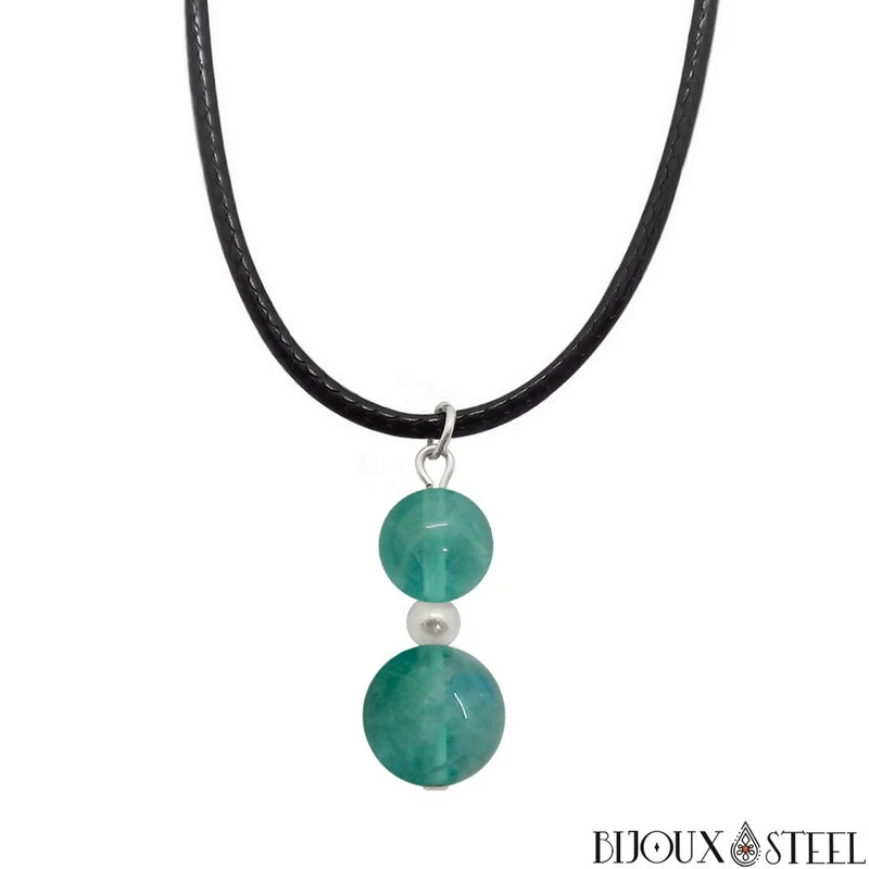 Collier à pendentif deux perles en pierre de fluorite bleue