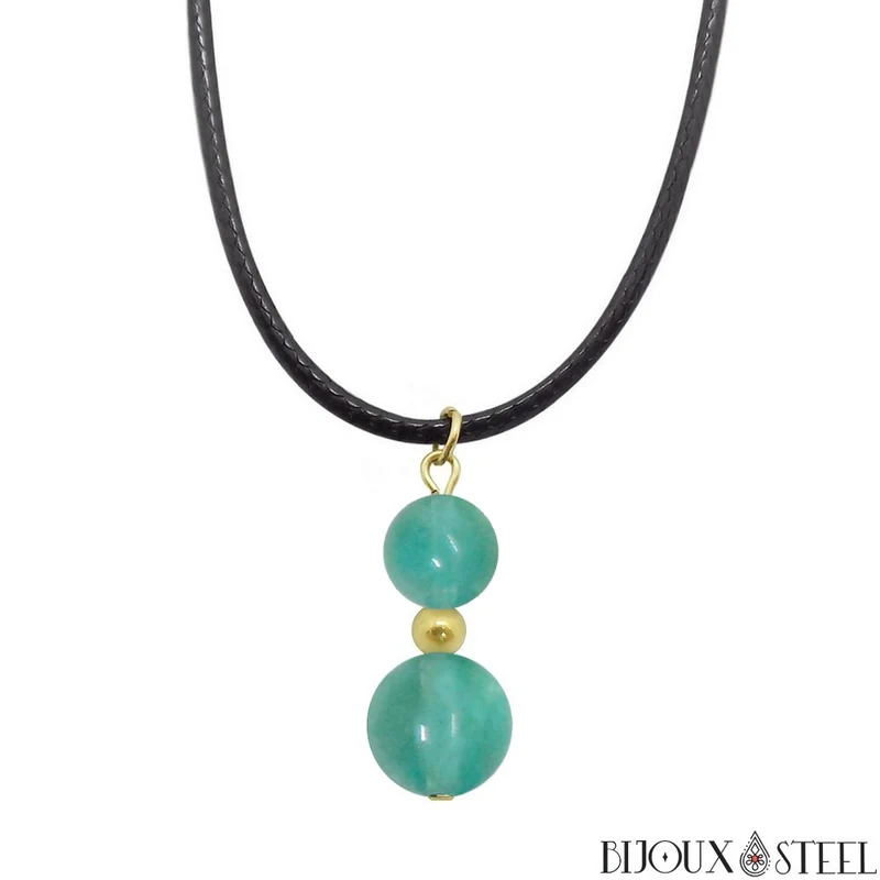 Collier à pendentif deux perles en pierre de fluorite bleue