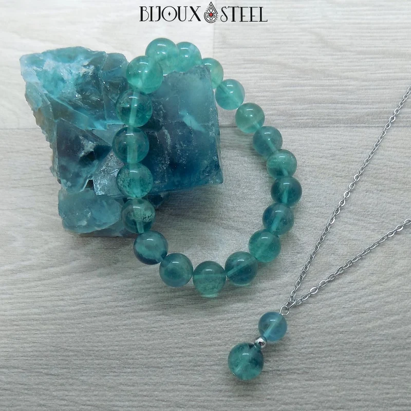 Collier à pendentif deux perles en pierre de fluorite bleue