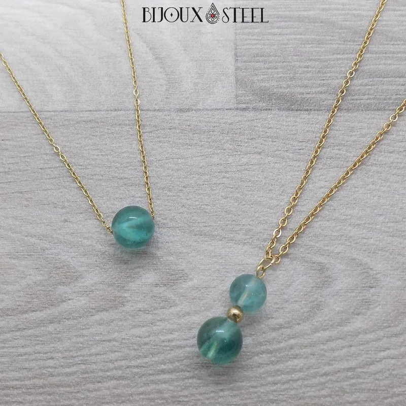 Collier à pendentif deux perles en pierre de fluorite bleue