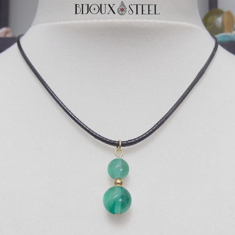 Collier à pendentif deux perles en pierre de fluorite bleue