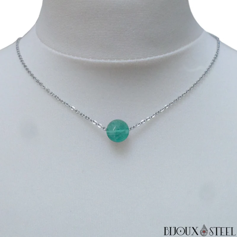 Collier à perle de fluorite bleue en acier inoxydable