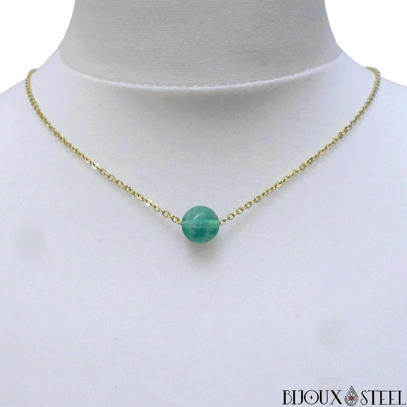 Collier à perle de fluorite bleue en acier inoxydable