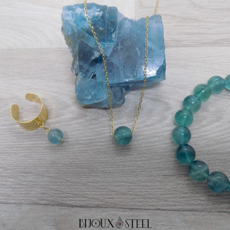 Collier à perle de fluorite bleue en acier inoxydable