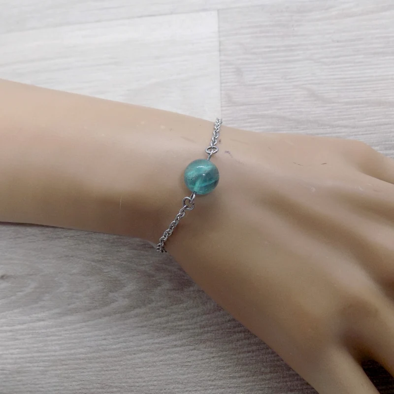 Bracelet à perle de fluorite bleue en acier inoxydable