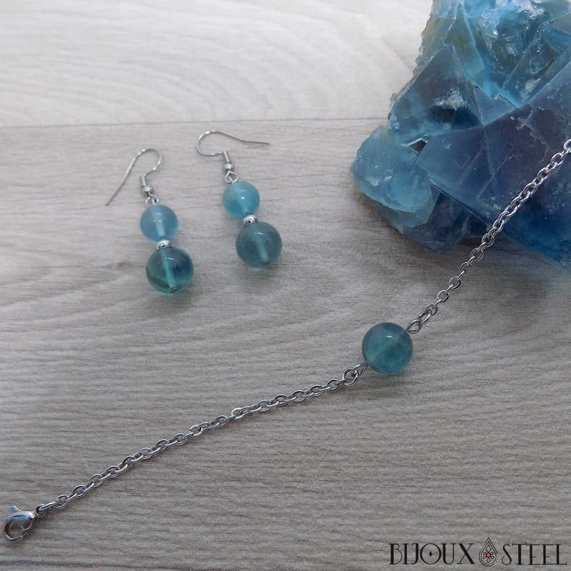 Bracelet à perle de fluorite bleue en acier inoxydable