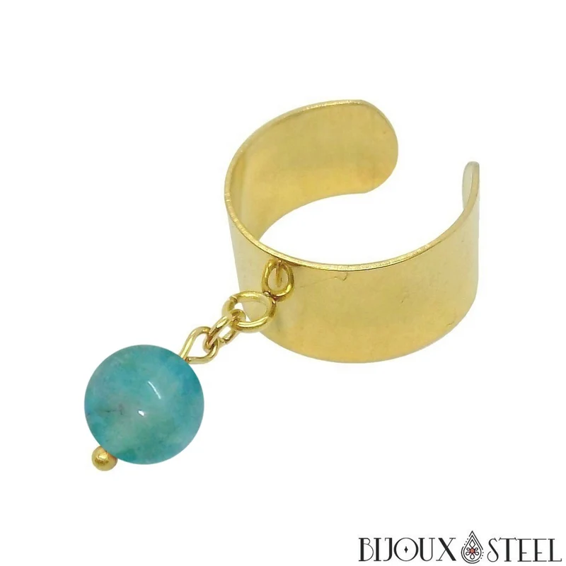 Bague large ajustable à perle de fluorite bleue