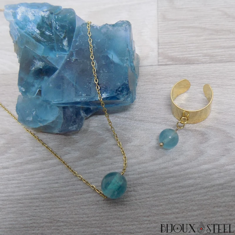 Bague large ajustable à perle de fluorite bleue