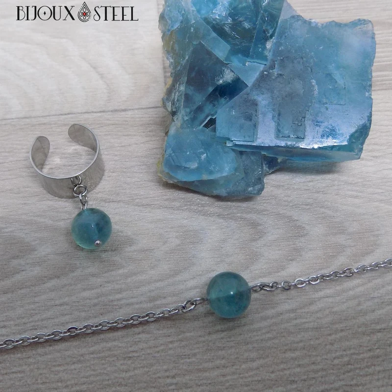 Bague large ajustable à perle de fluorite bleue
