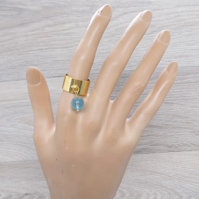 Bague large ajustable à perle de fluorite bleue