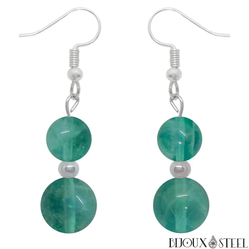 Boucles d'oreilles pendantes doubles perles de fluorite bleue