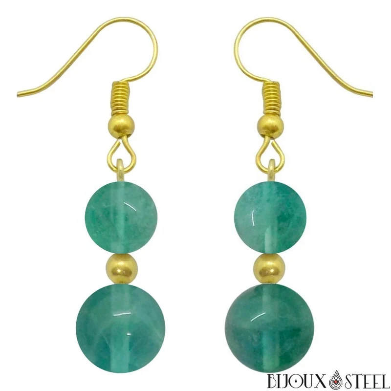 Boucles d'oreilles pendantes doubles perles de fluorite bleue