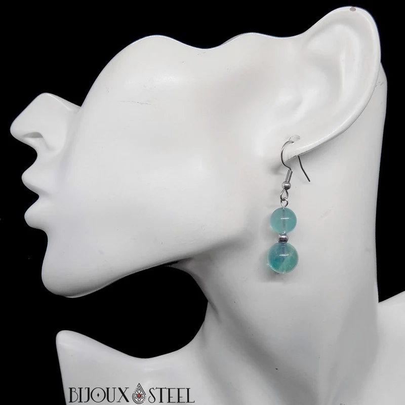 Boucles d'oreilles pendantes doubles perles de fluorite bleue