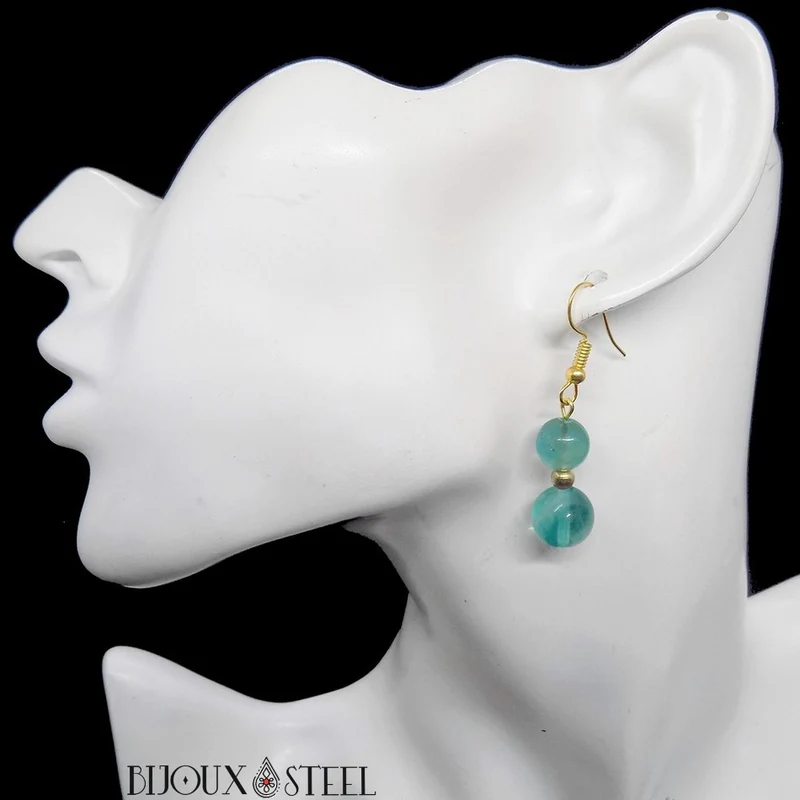 Boucles d'oreilles pendantes doubles perles de fluorite bleue