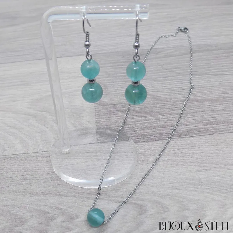 Boucles d'oreilles pendantes doubles perles de fluorite bleue