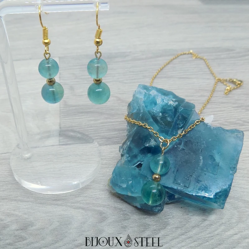 Boucles d'oreilles pendantes doubles perles de fluorite bleue