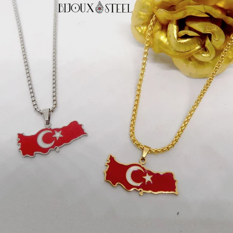 Collier homme carte de la Turquie en acier inoxydable