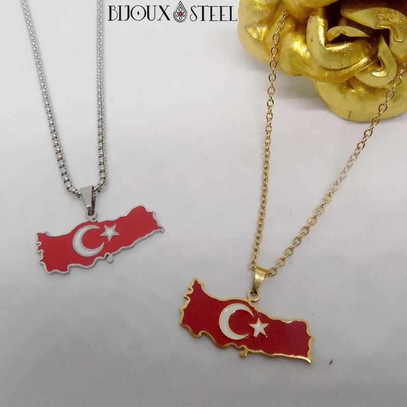 Collier homme carte de la Turquie en acier inoxydable
