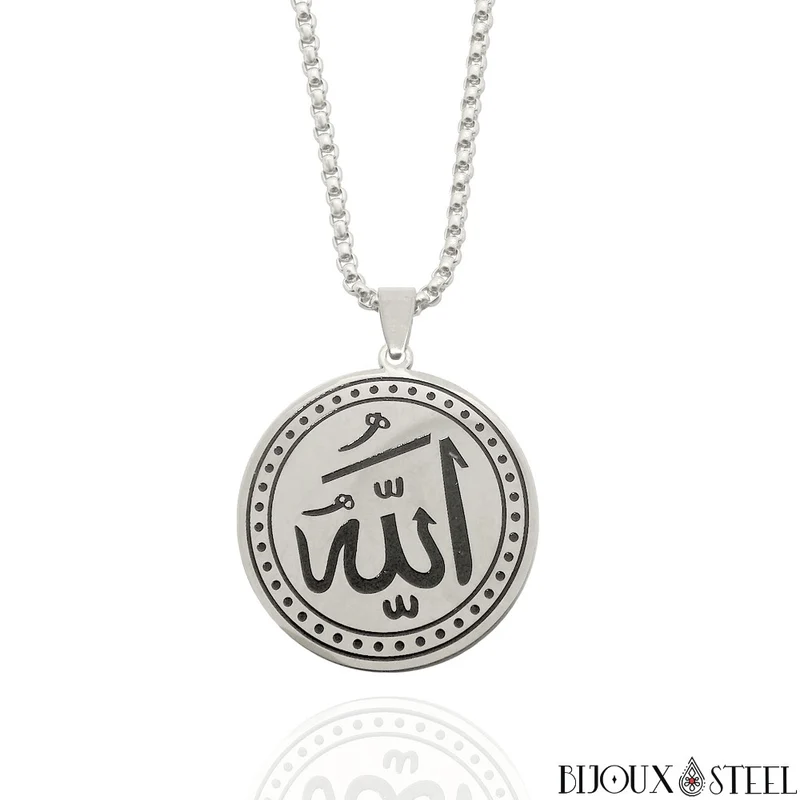 Collier à pendentif médaille ronde Allah arabe en acier inoxydable