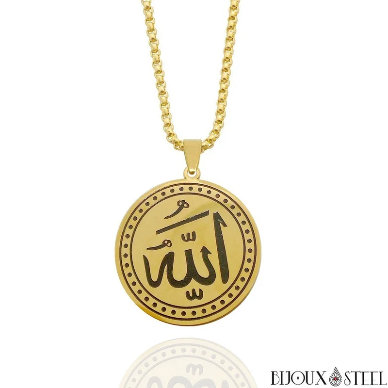 Collier à pendentif médaille ronde Allah arabe en acier inoxydable