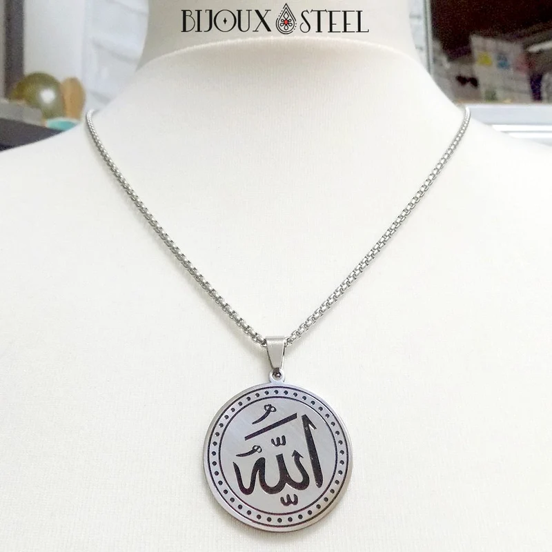 Collier à pendentif médaille ronde Allah arabe en acier inoxydable