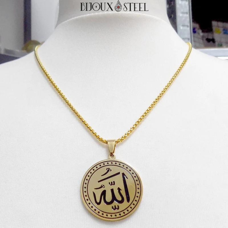 Collier à pendentif médaille ronde Allah arabe en acier inoxydable