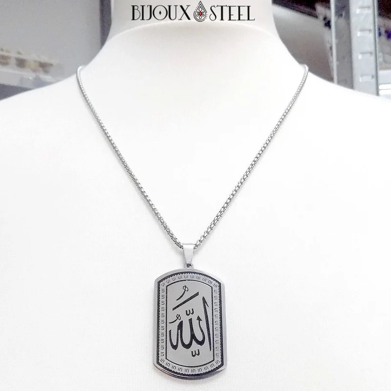 Collier à pendentif plaque Allah arabe en acier inoxydable