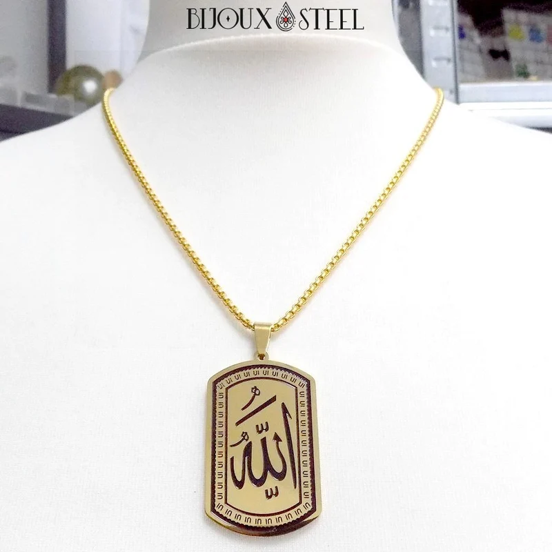 Collier à pendentif plaque Allah arabe en acier inoxydable
