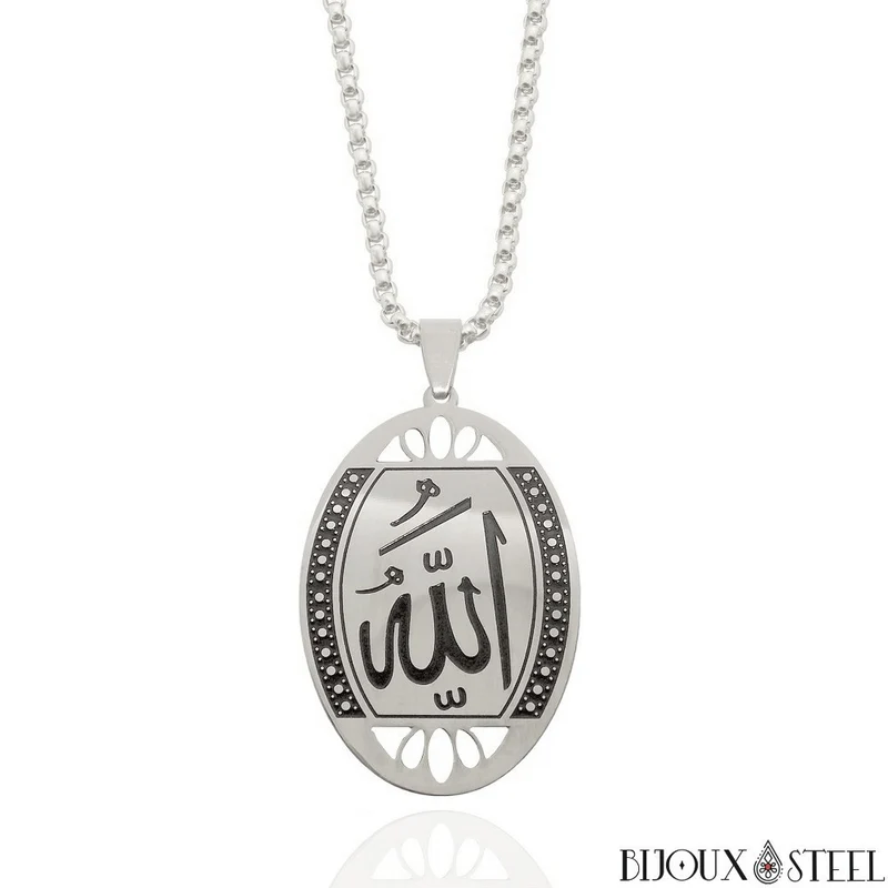 Collier à pendentif ovale Allah arabe en acier inoxydable
